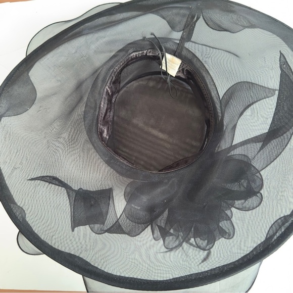 Black Organza Wide Brim Church Dress Hat Floral Detail Like New main image 4